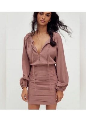 Free People Mauve Blush Long-Sleeve Ruched Mini Dress